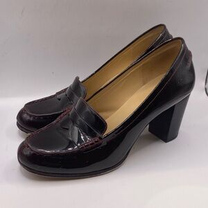 Michael Kors Patent Leather Block Heeled Pump Shoe Wine 8 M Penny Loafer Heel